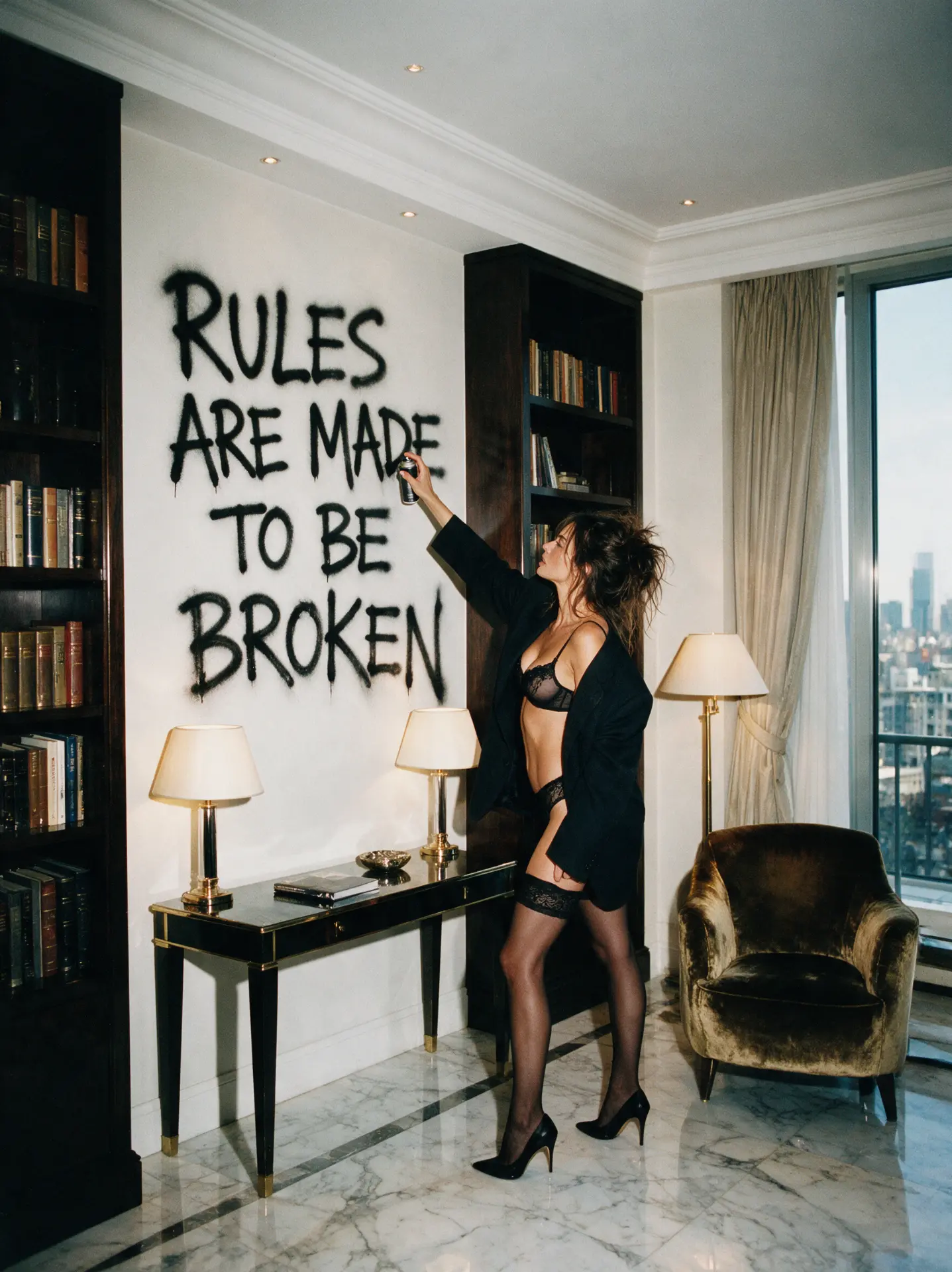 Woman spray-painting 'Rules are made to be broken' across a marble apartment wall