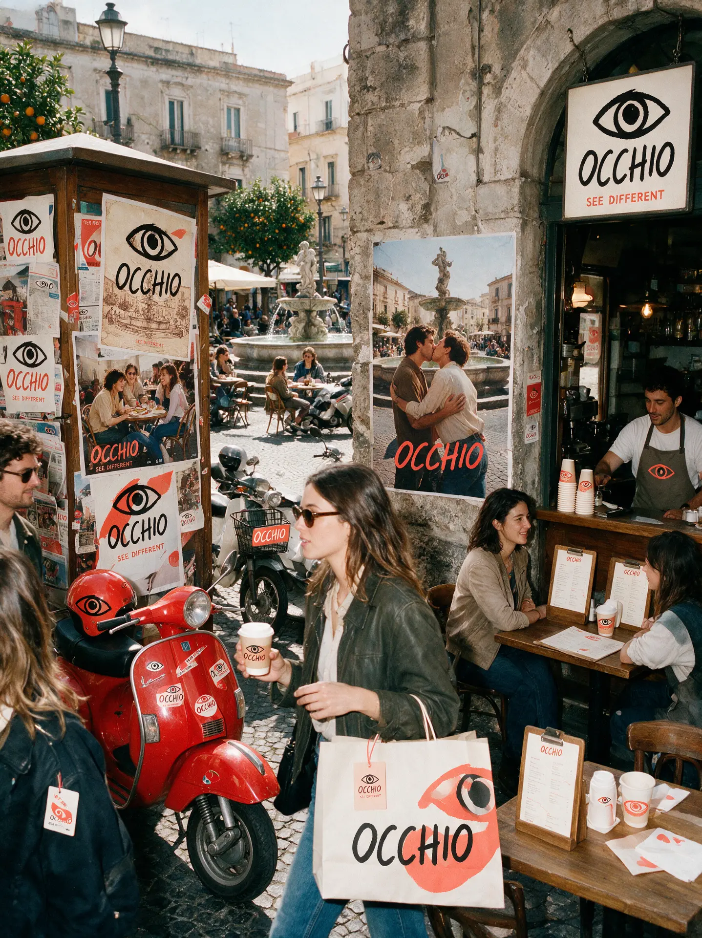 OCCHIO campaign posters in a European town square