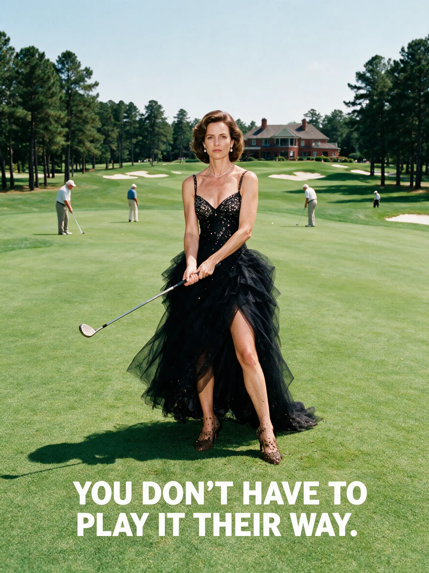 Woman in a black gown swinging a golf club