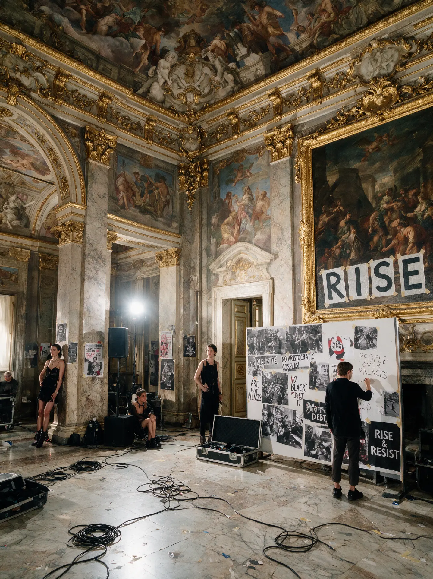 Baroque room with a campaign board reading RISE