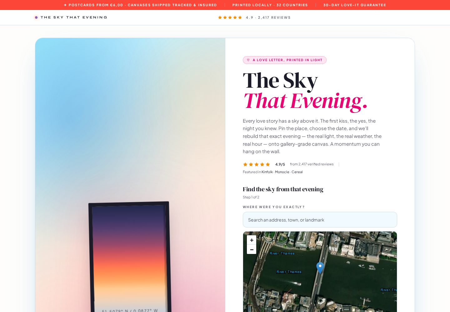 The Sky That Evening webshop homepage, custom sunset canvas prints