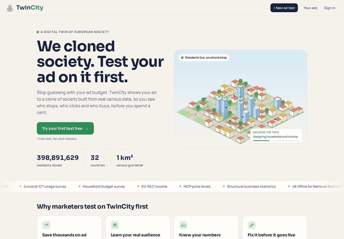 TwinCity homepage, a digital twin of European society for testing ads